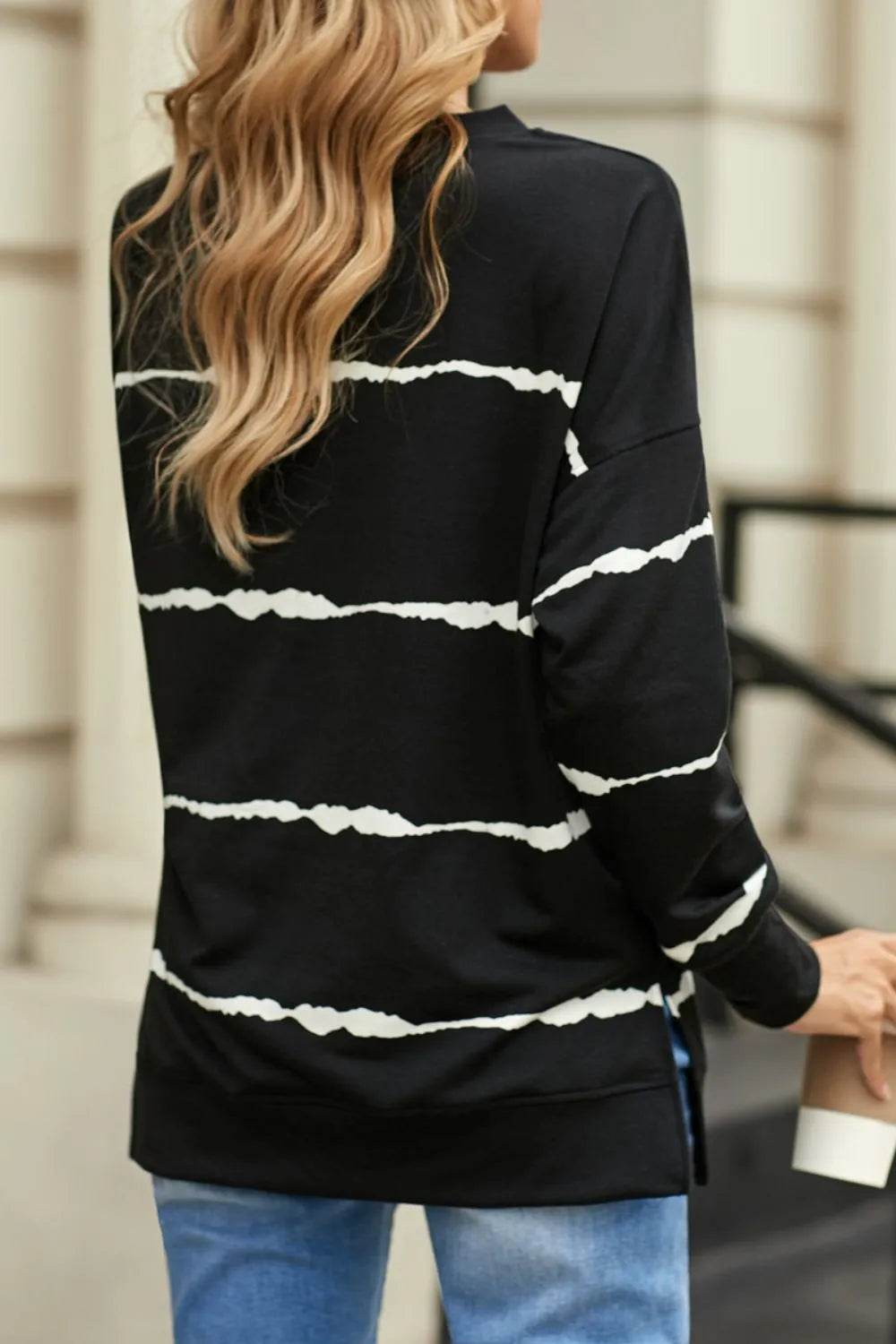 Slit Contrast Striped Round Neck Long Sleeve T-Shirt - Bona Fide Fashion