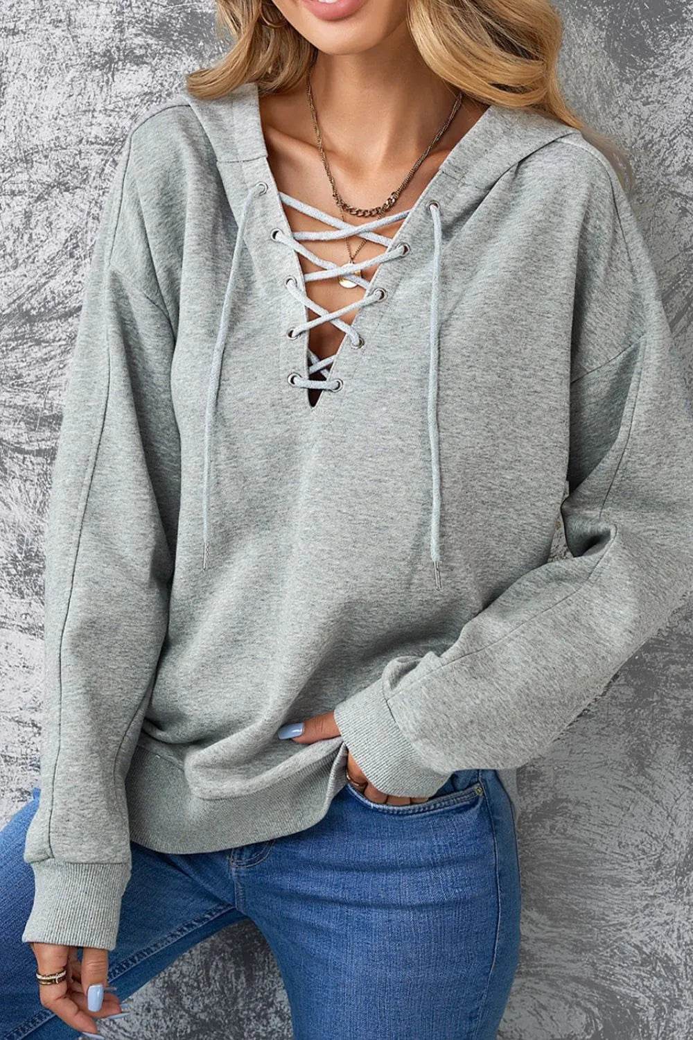 Lace Up Long Sleeve Hoodie - Bona Fide Fashion