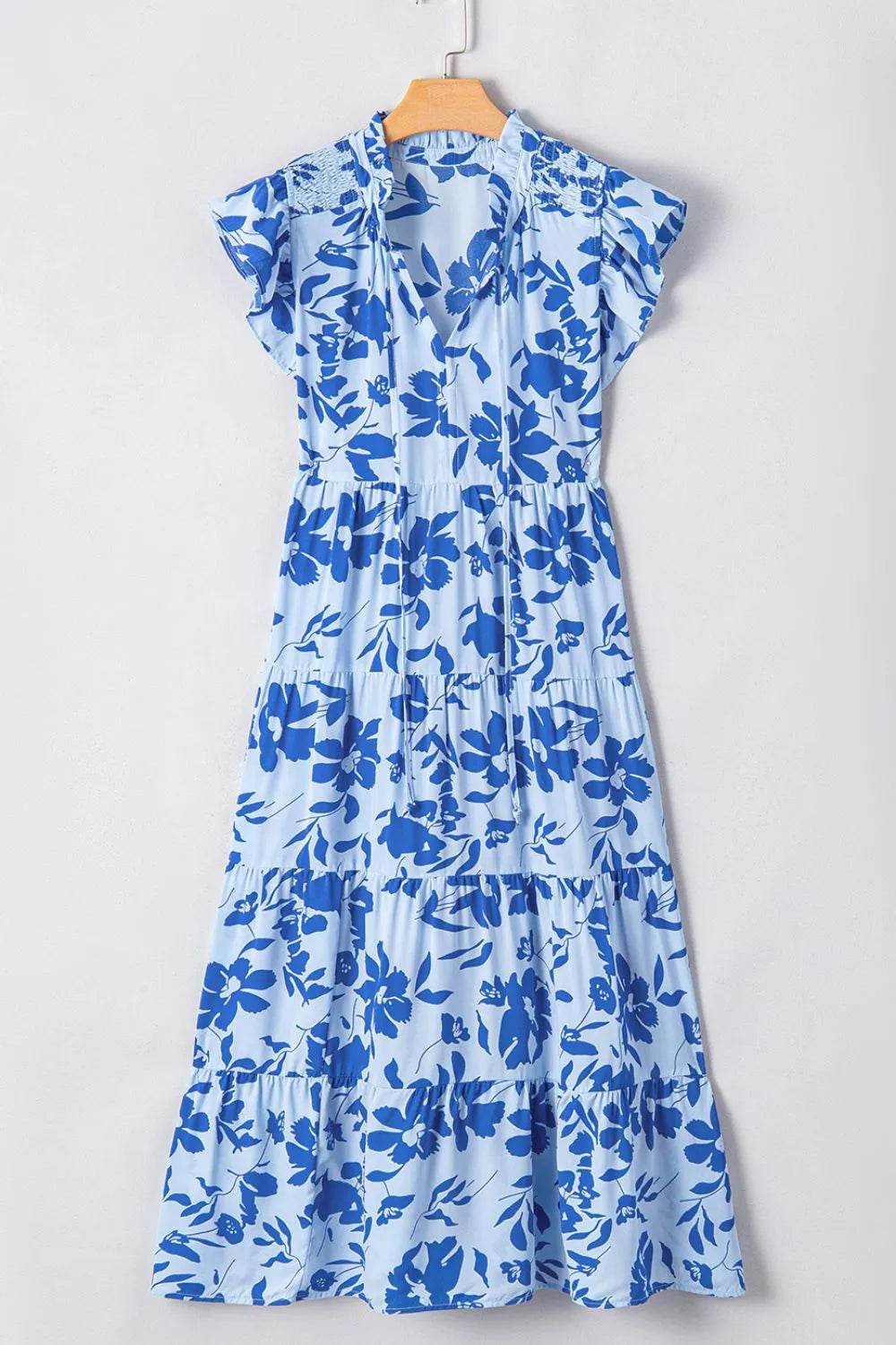 Floral Print Tiered Frilled Trim Flutter Sleeve Dress - Bona Fide Fashion
