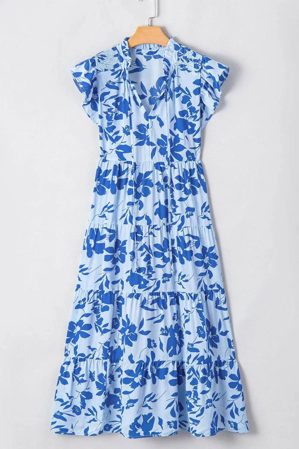 Floral Print Tiered Frilled Trim Flutter Sleeve Dress - Bona Fide Fashion