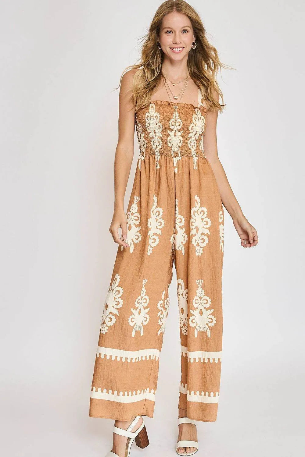 Umgee Full Size Smocked Printed Wide Leg Jumpsuit Plus Size - Bona Fide Fashion