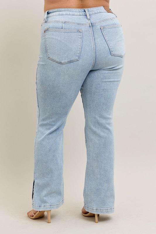 Judy Blue Full Size Tummy Control Vintage Wash Side Slit Slim Boot Jeans Plus Size - Bona Fide Fashion