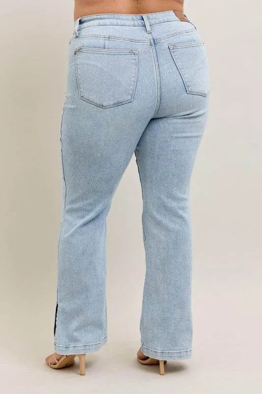 Judy Blue Full Size Tummy Control Vintage Wash Side Slit Slim Boot Jeans Plus Size - Bona Fide Fashion