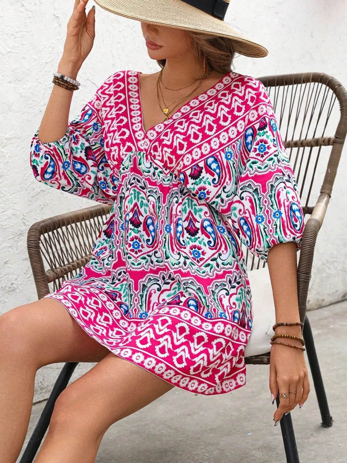 Printed Tie Back Half Sleeve Mini Dress - Bona Fide Fashion