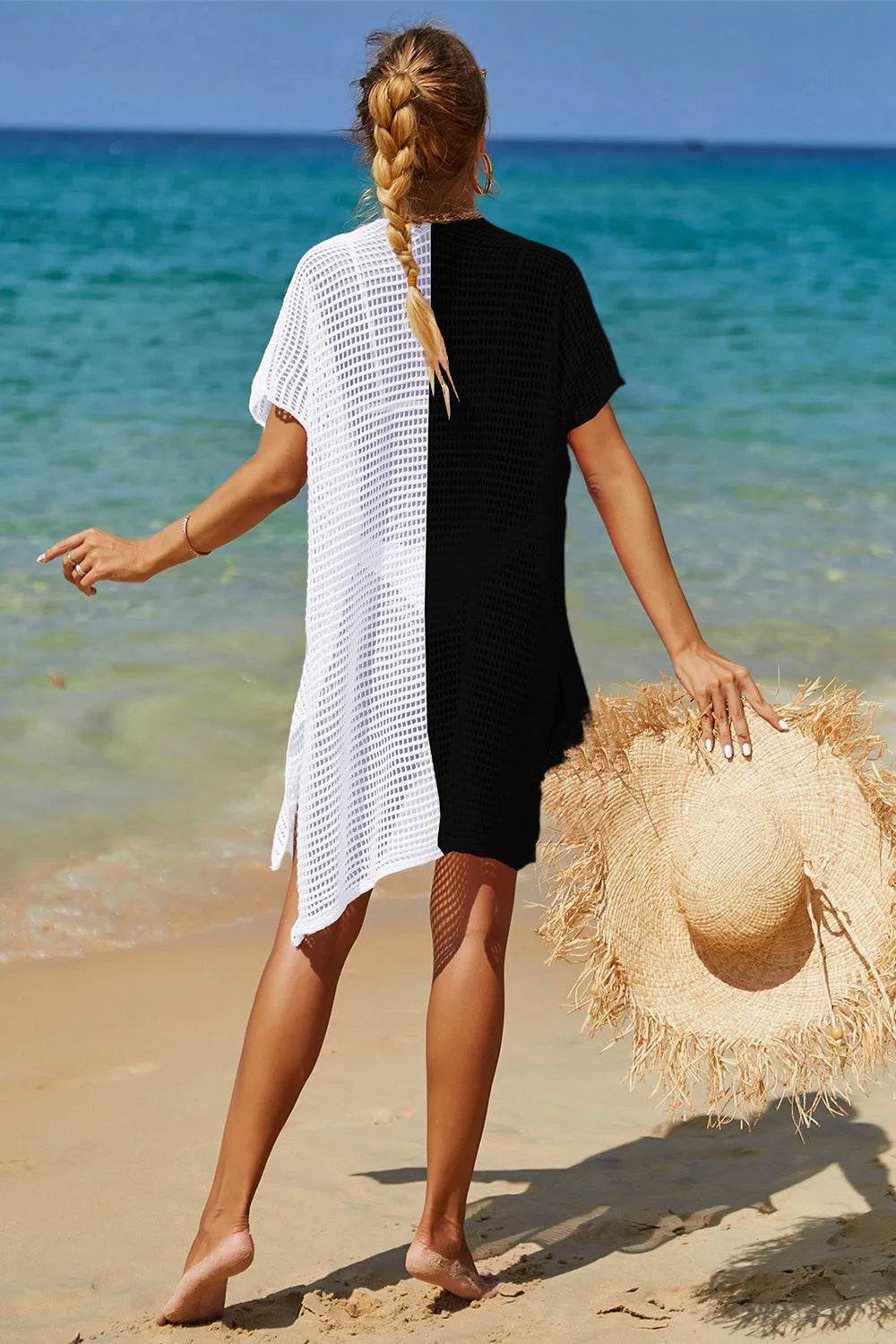 Angel Wings Openwork Contrast Slit Knit Cover Up - Bona Fide Fashion