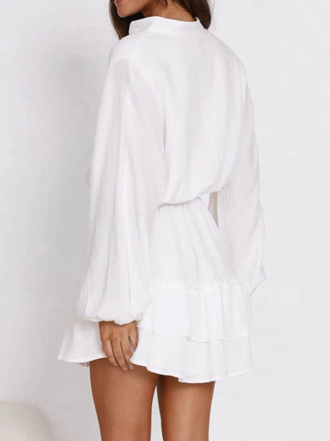 Ruffled Notched Balloon Sleeve Mini Dress - Bona Fide Fashion
