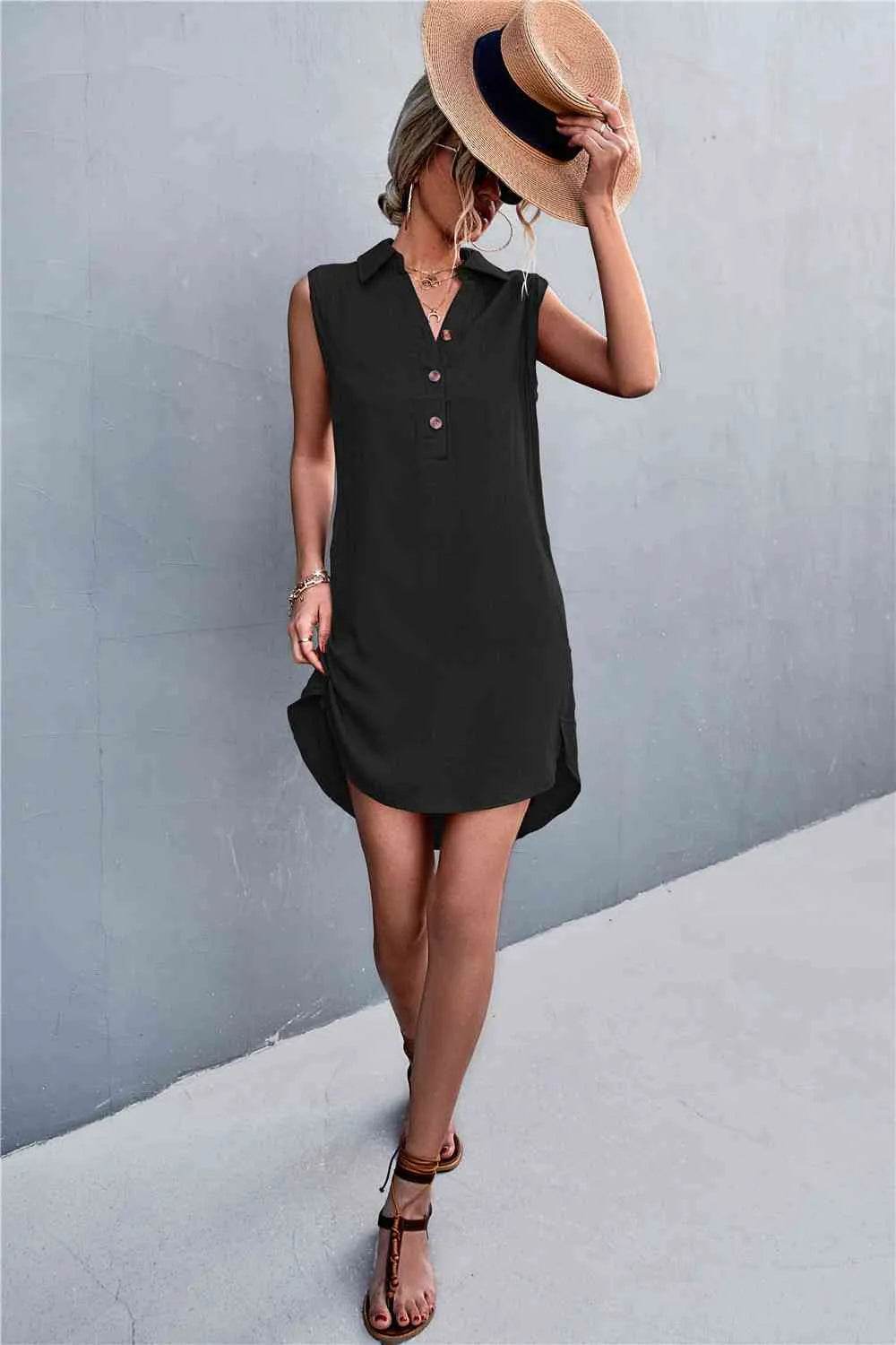 Buttoned Johnny Collar Sleeveless Dress - Bona Fide Fashion
