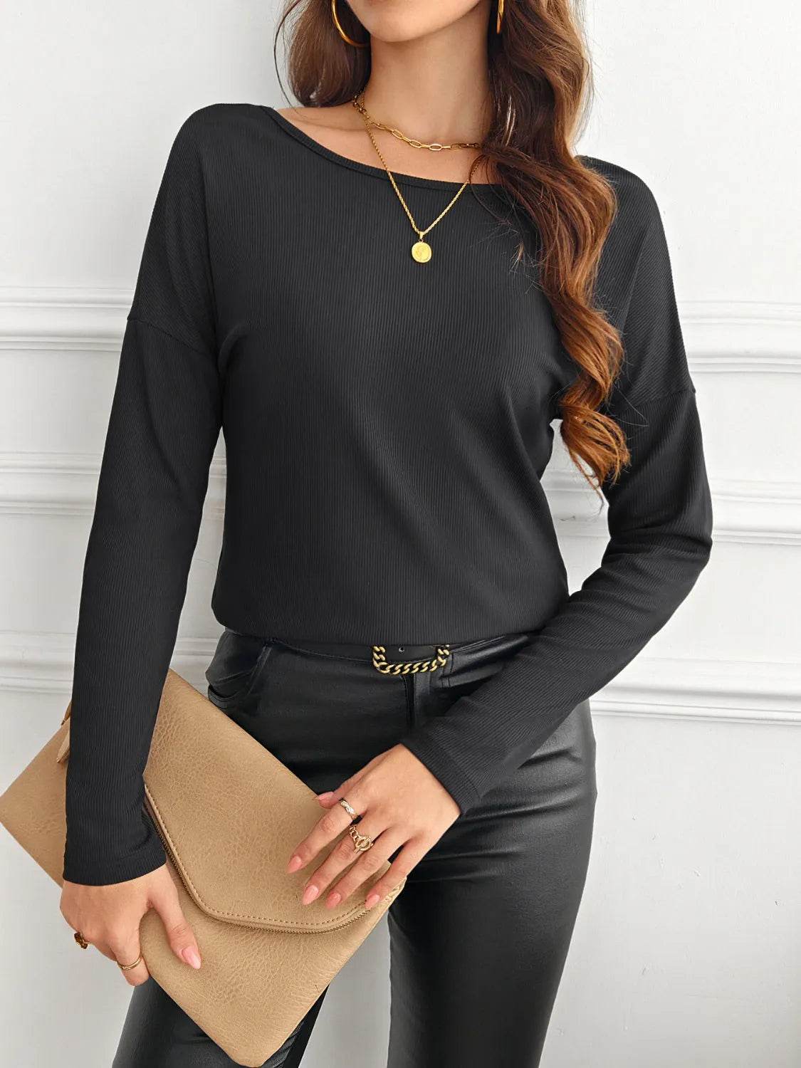 Lace Detail Butterfly Back Round Neck Long Sleeve T-Shirt - Bona Fide Fashion