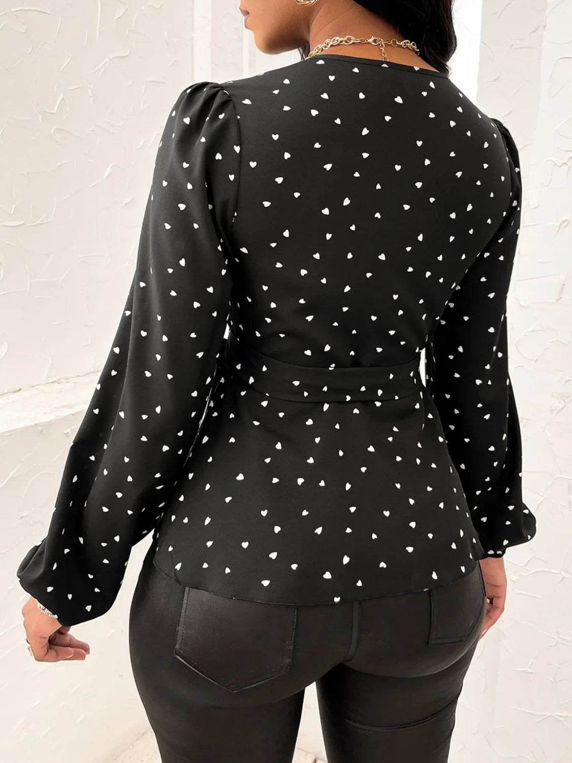 Heart Print Surplice Balloon Sleeve Blouse - Bona Fide Fashion
