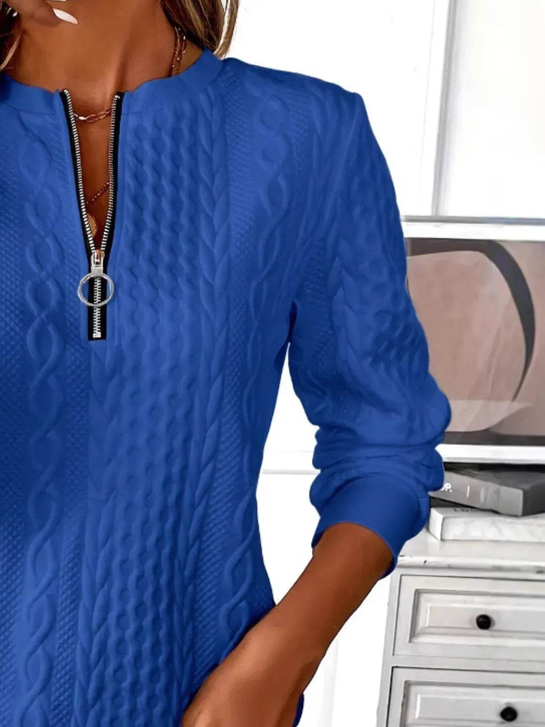Texture Half Zip Long Sleeve Sweatshirt - Bona Fide Fashion