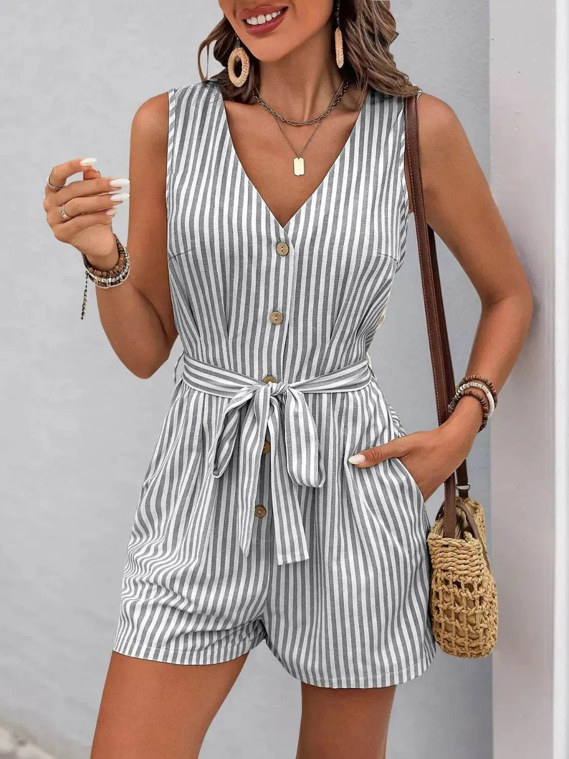Perfee Striped V-Neck Tie Waist Romper – Cute & Casual One-Piece Outfit for Women - Bona Fide Fashion