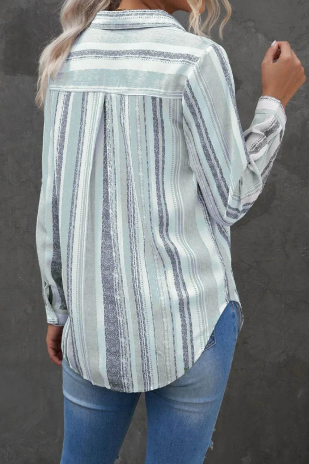 Striped Collared Neck Long Sleeve Shirt - Bona Fide Fashion