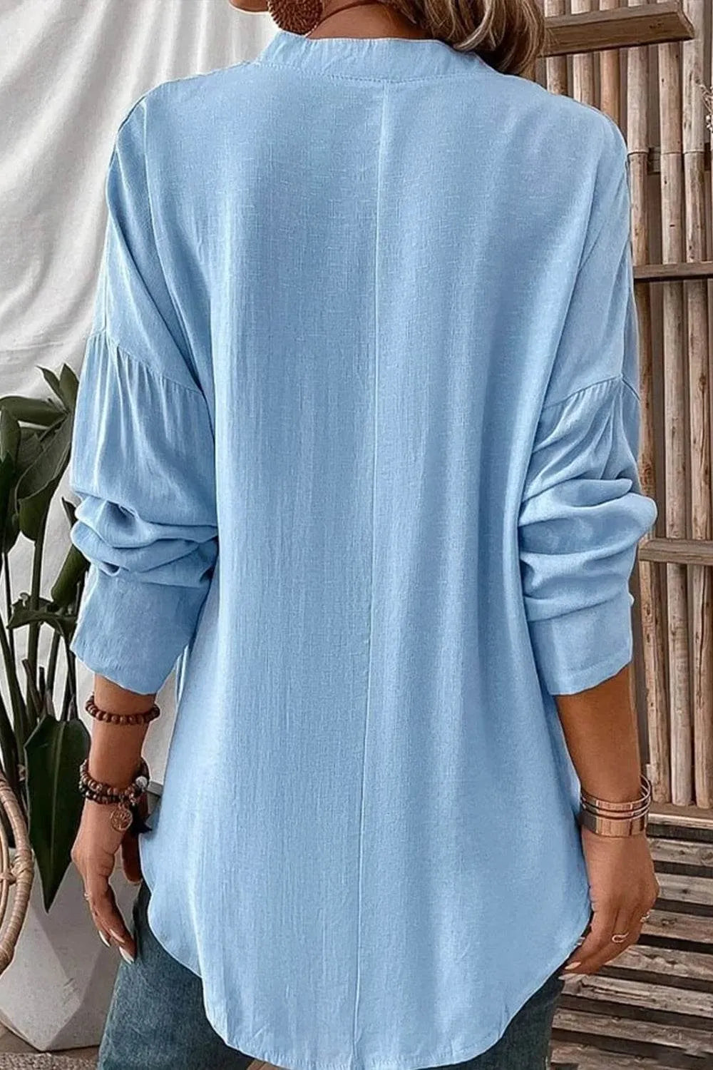 Solid Color Notched Long Sleeve Blouse - Bona Fide Fashion
