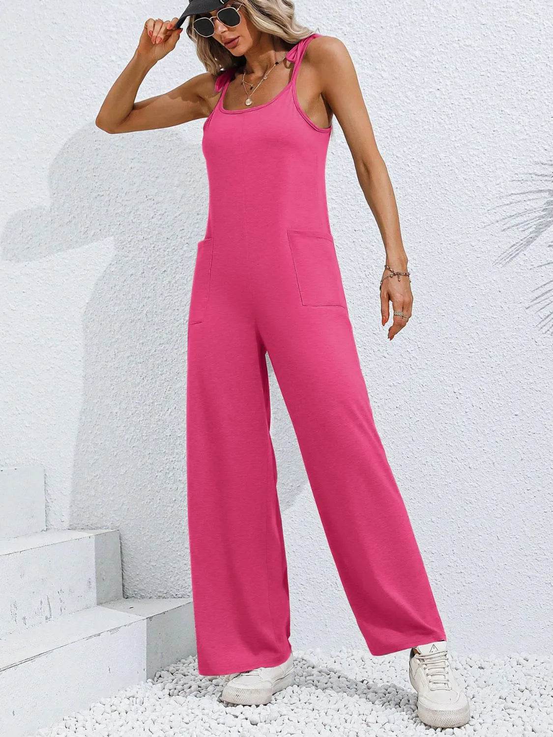Scoop Neck Tie Shoulder Jumpsuit - Bona Fide Fashion