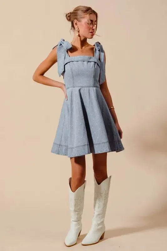 SO ME A Line Fit and Flare Diamond Bow Ribbon Denim Dres - Bona Fide Fashion