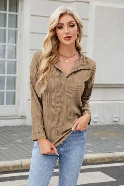Texture Collared Neck Long Sleeve Blouse - Bona Fide Fashion