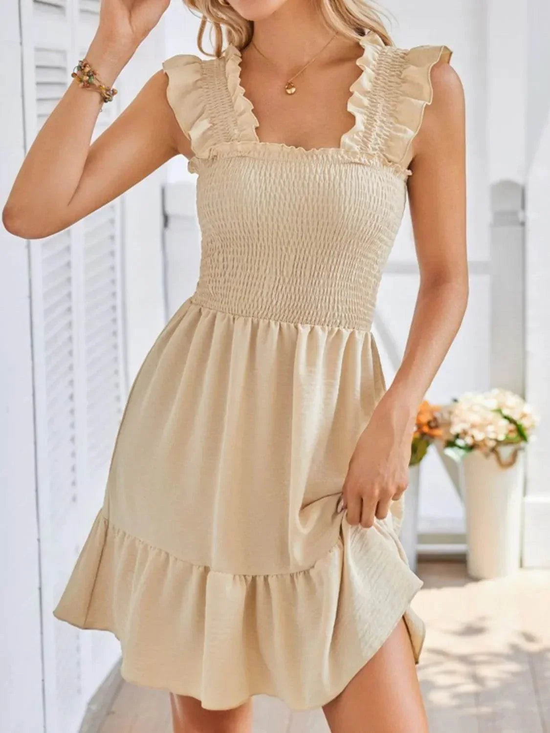 Smocked Square Neck Wide Strap Dress - Bona Fide Fashion
