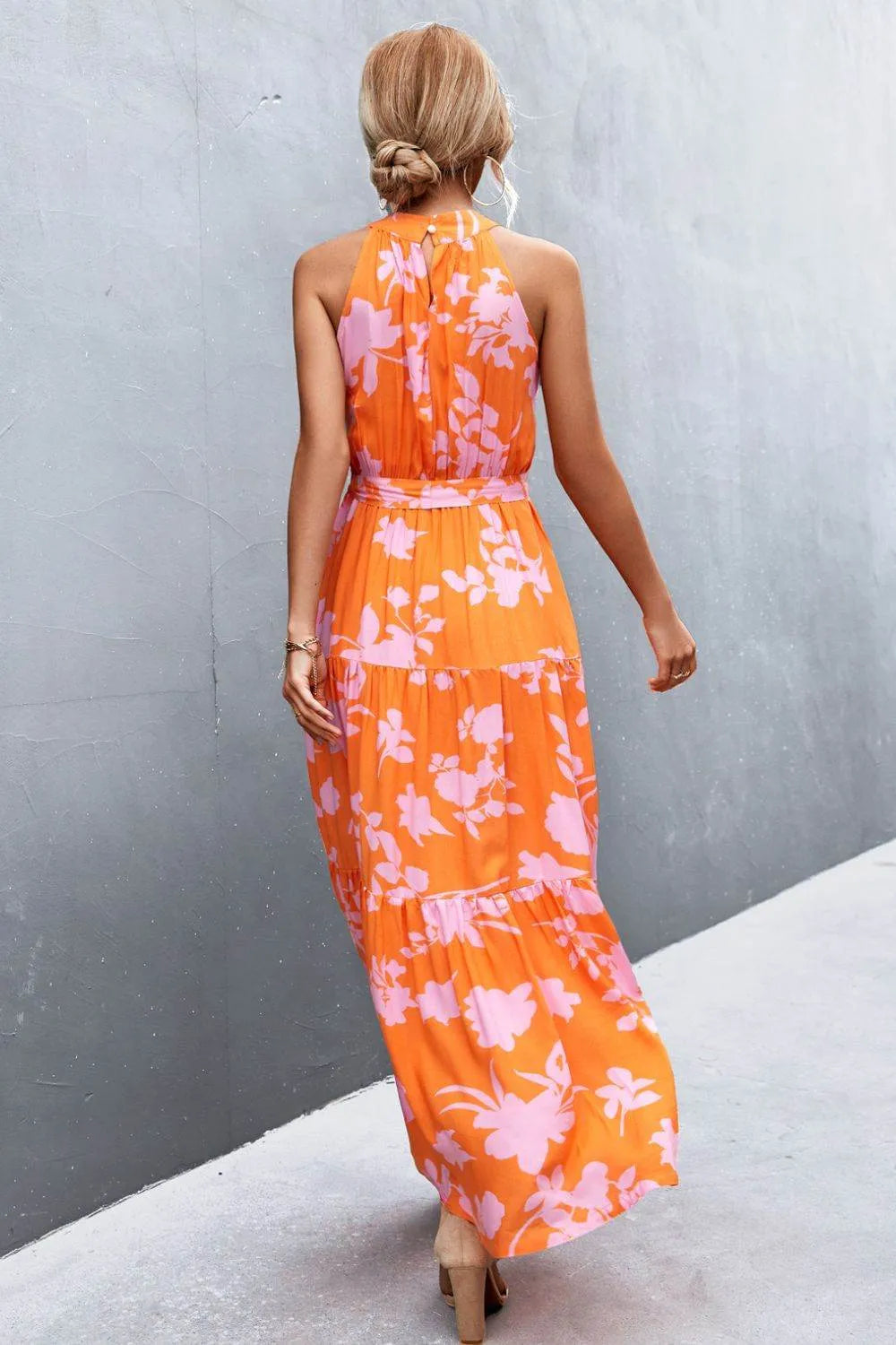 Printed Sleeveless Tie Waist Maxi Dress - Bona Fide Fashion