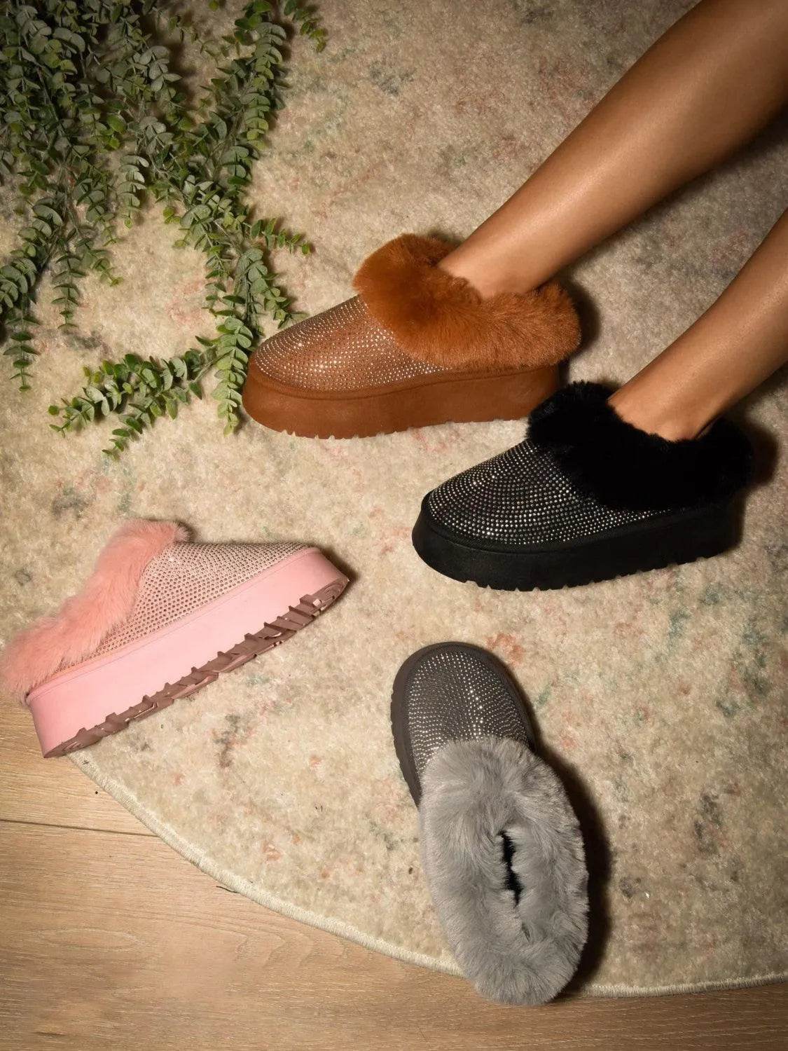 WILD DIVA Embellished Faux Fur Platform Booties - Bona Fide Fashion