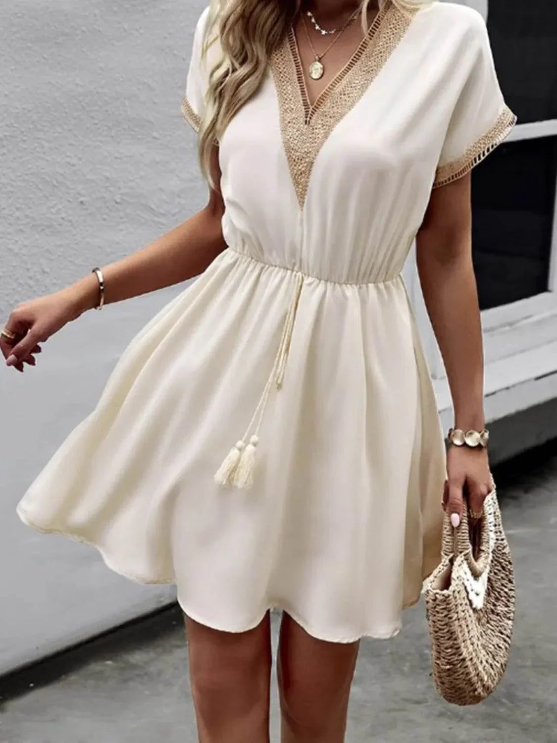 Full Size Tassel V-Neck Short Sleeve Dress Plus Size - Bona Fide Fashion