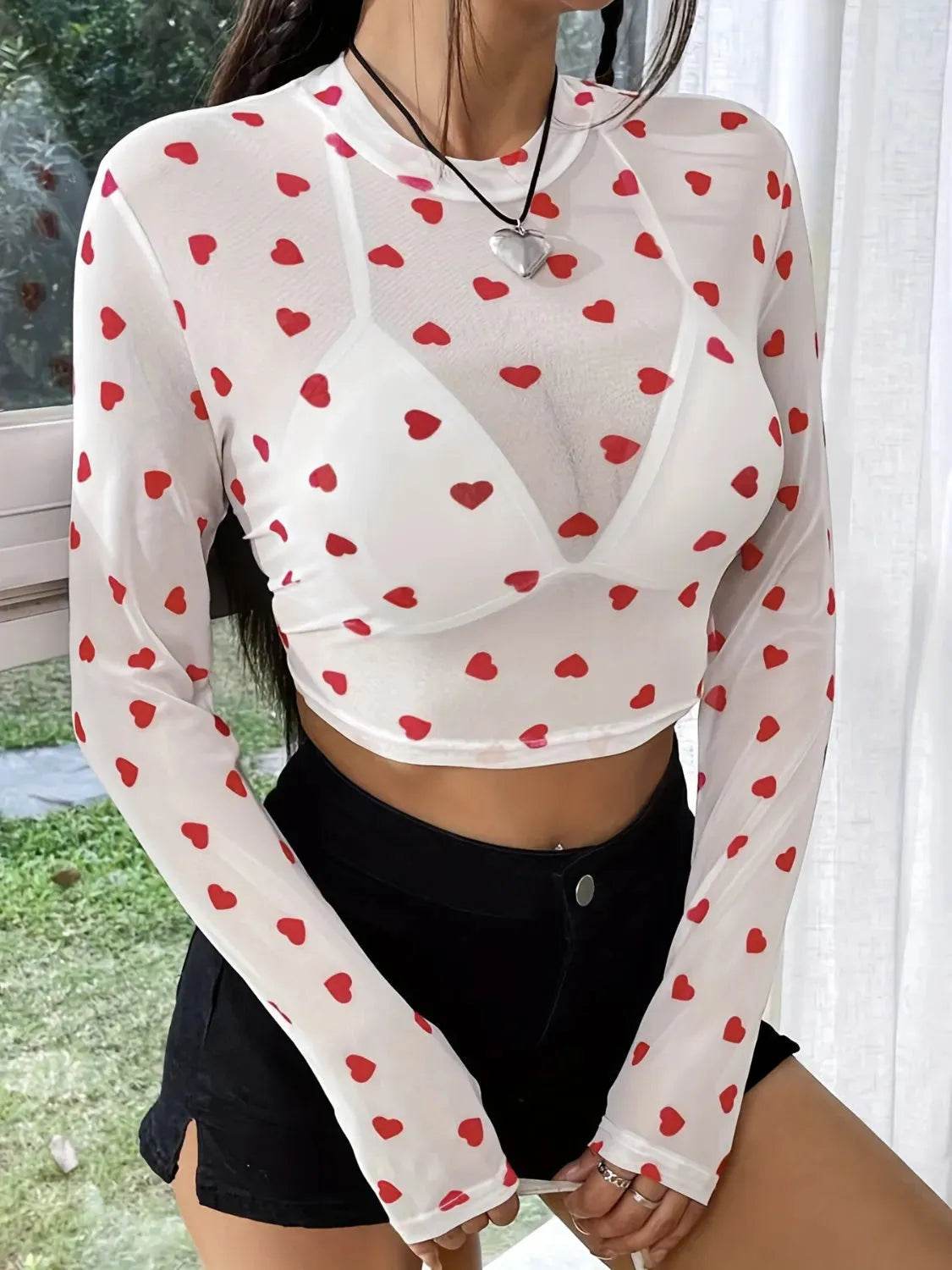 Heart Round Neck Long Sleeve Sheer Top - Bona Fide Fashion