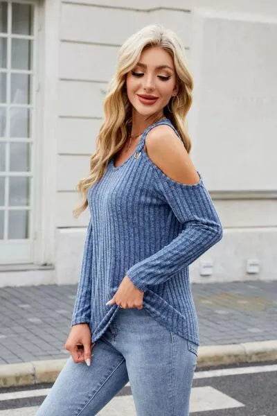 Ribbed Cold Shoulder Long Sleeve Top - Bona Fide Fashion
