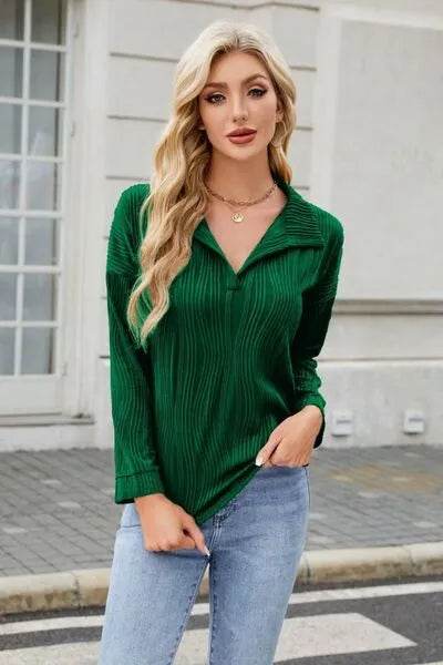 Texture Collared Neck Long Sleeve Blouse - Bona Fide Fashion
