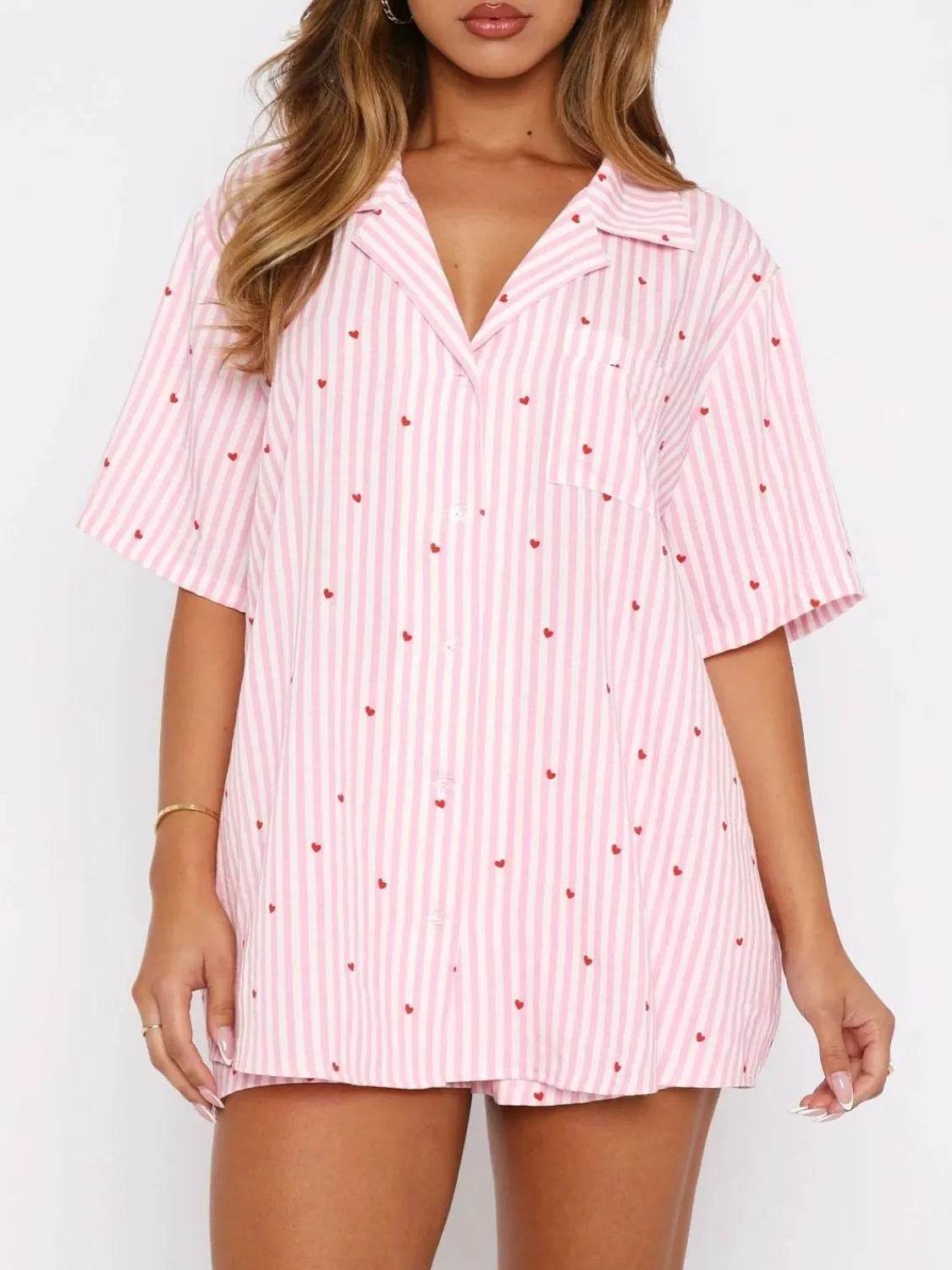 Valentine's Day Printed Collared Neck Short Sleeve Top and Shorts Set - Bona Fide Fashion