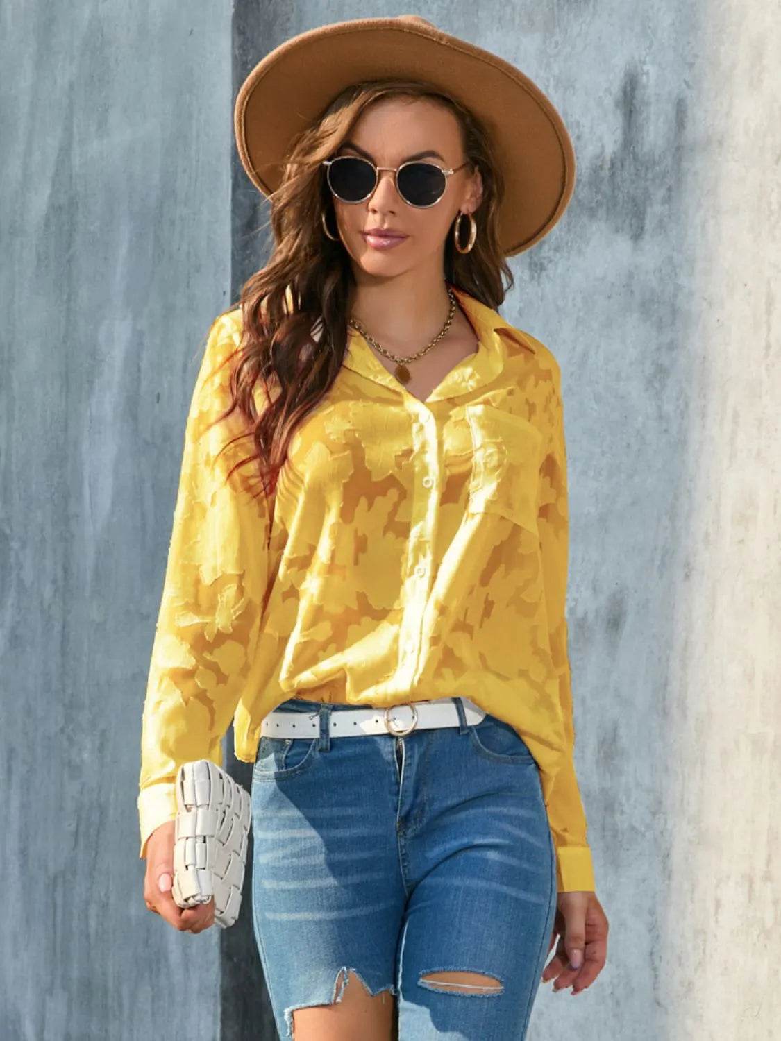 Full Size Collared Neck Long Sleeve Shirt Plus Size - Bona Fide Fashion