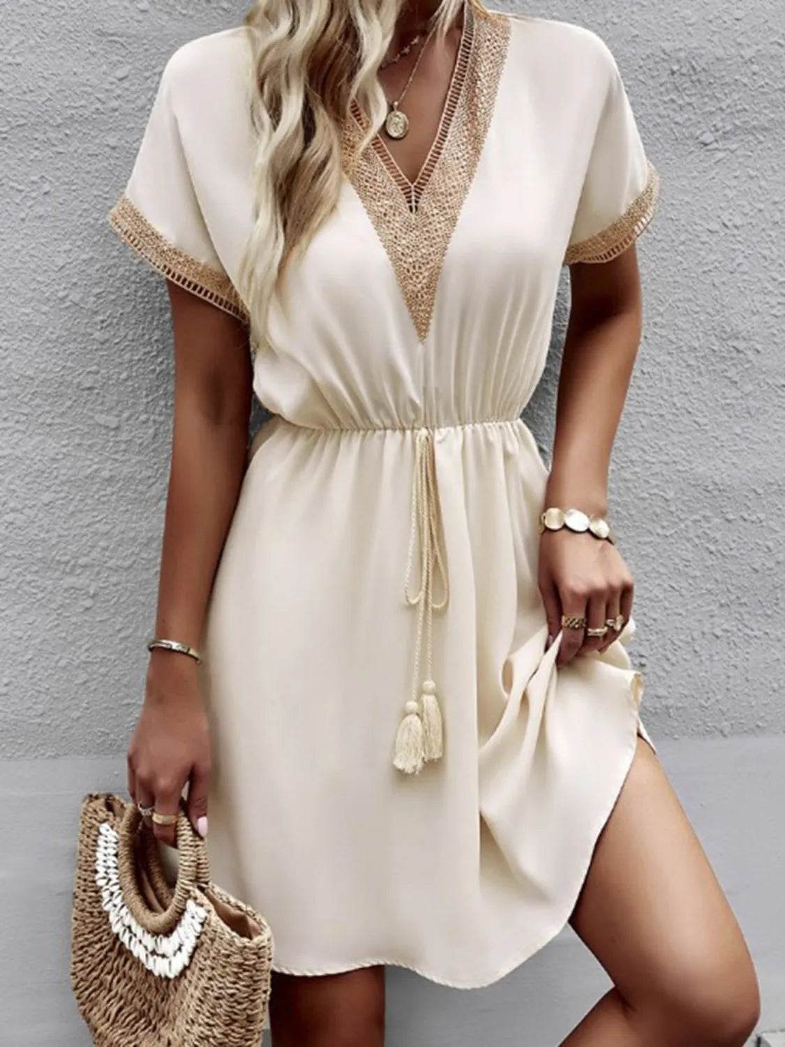 Full Size Tassel V-Neck Short Sleeve Dress Plus Size - Bona Fide Fashion