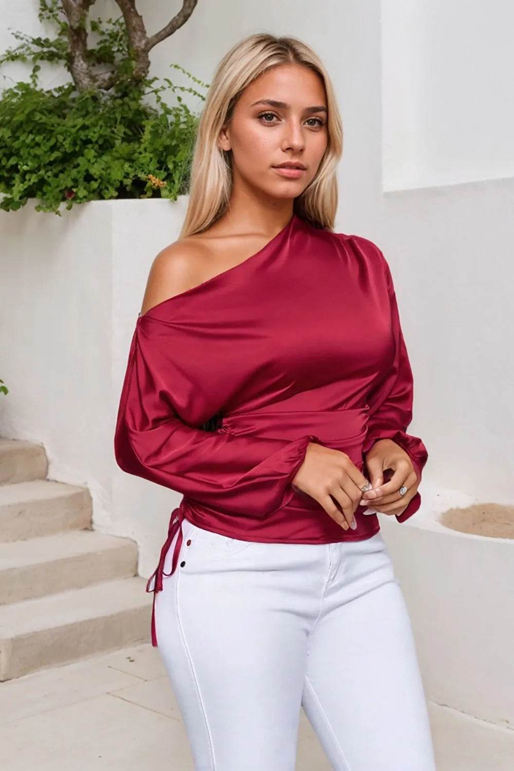 Drawstring One Shoulder Long Sleeve Blouse - Bona Fide Fashion