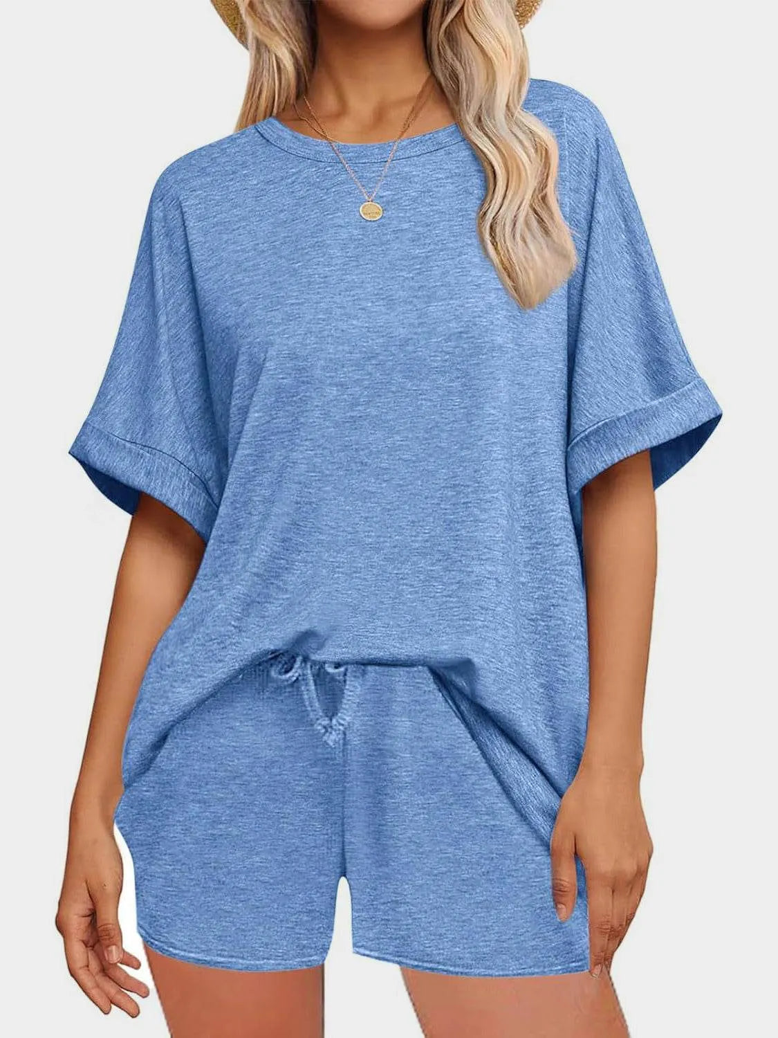 Round Neck T-Shirt and Drawstring Shorts Set - Bona Fide Fashion
