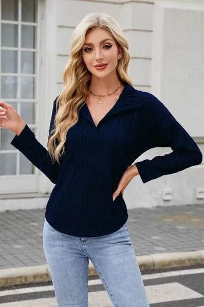 Texture Collared Neck Long Sleeve Blouse - Bona Fide Fashion