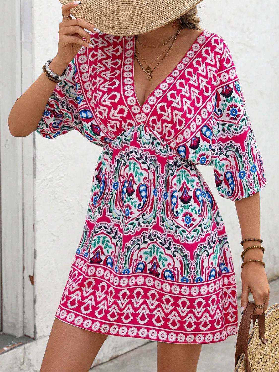 Printed Tie Back Half Sleeve Mini Dress - Bona Fide Fashion