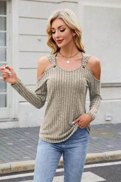 Ribbed Cold Shoulder Long Sleeve Top - Bona Fide Fashion
