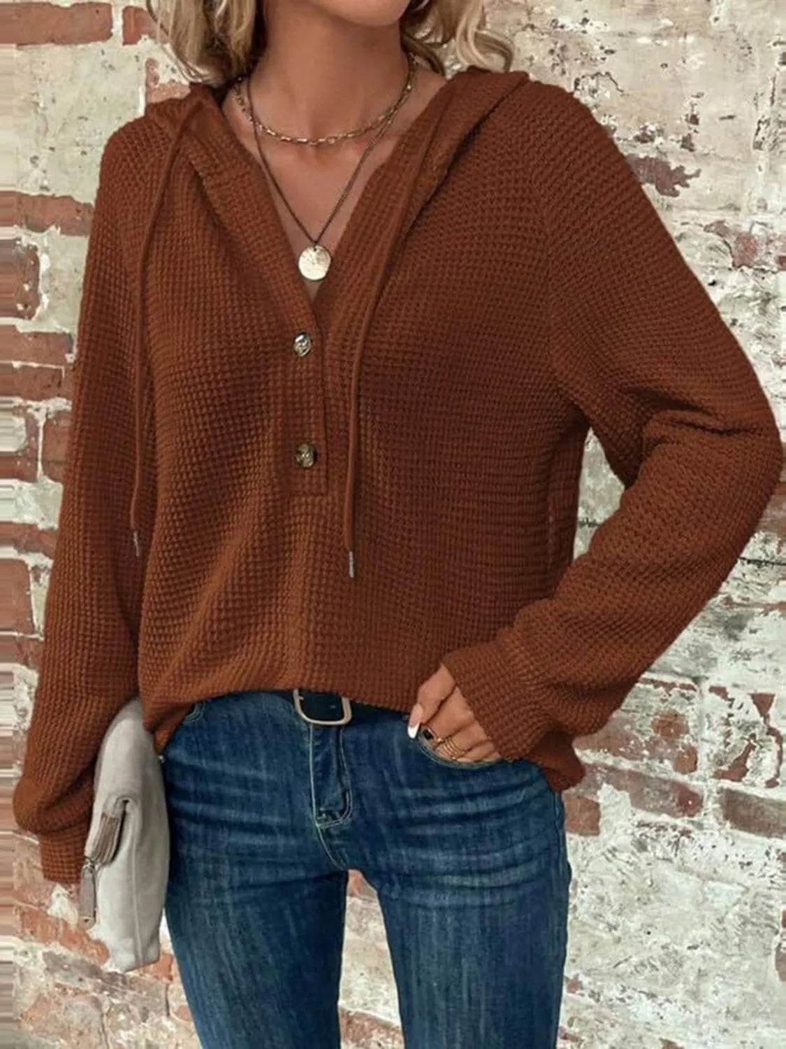 Waffle Knit Long Sleeve Drawstring Hooded Top - Bona Fide Fashion