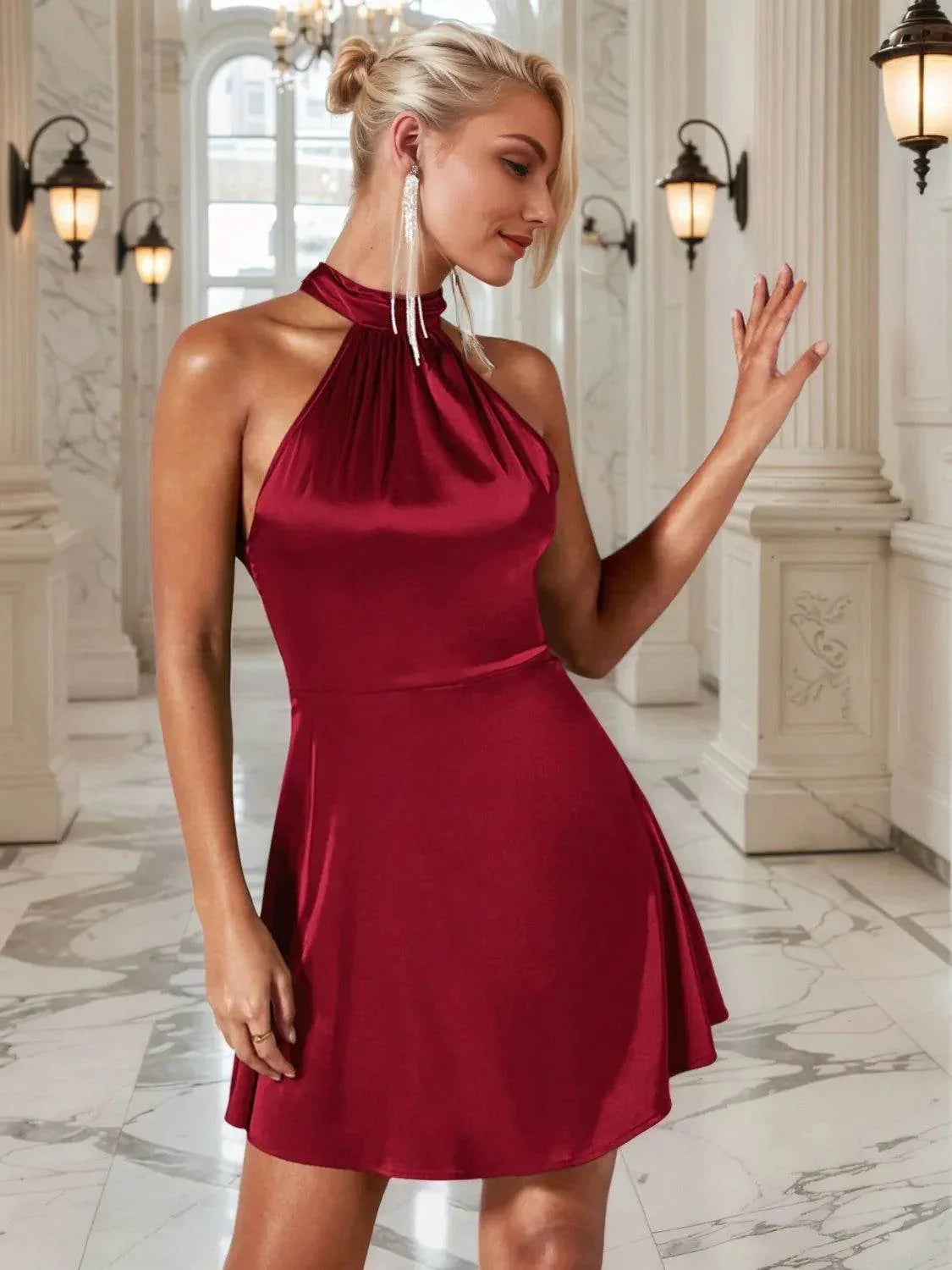 Ruched Grecian Neck Mini Dress - Bona Fide Fashion