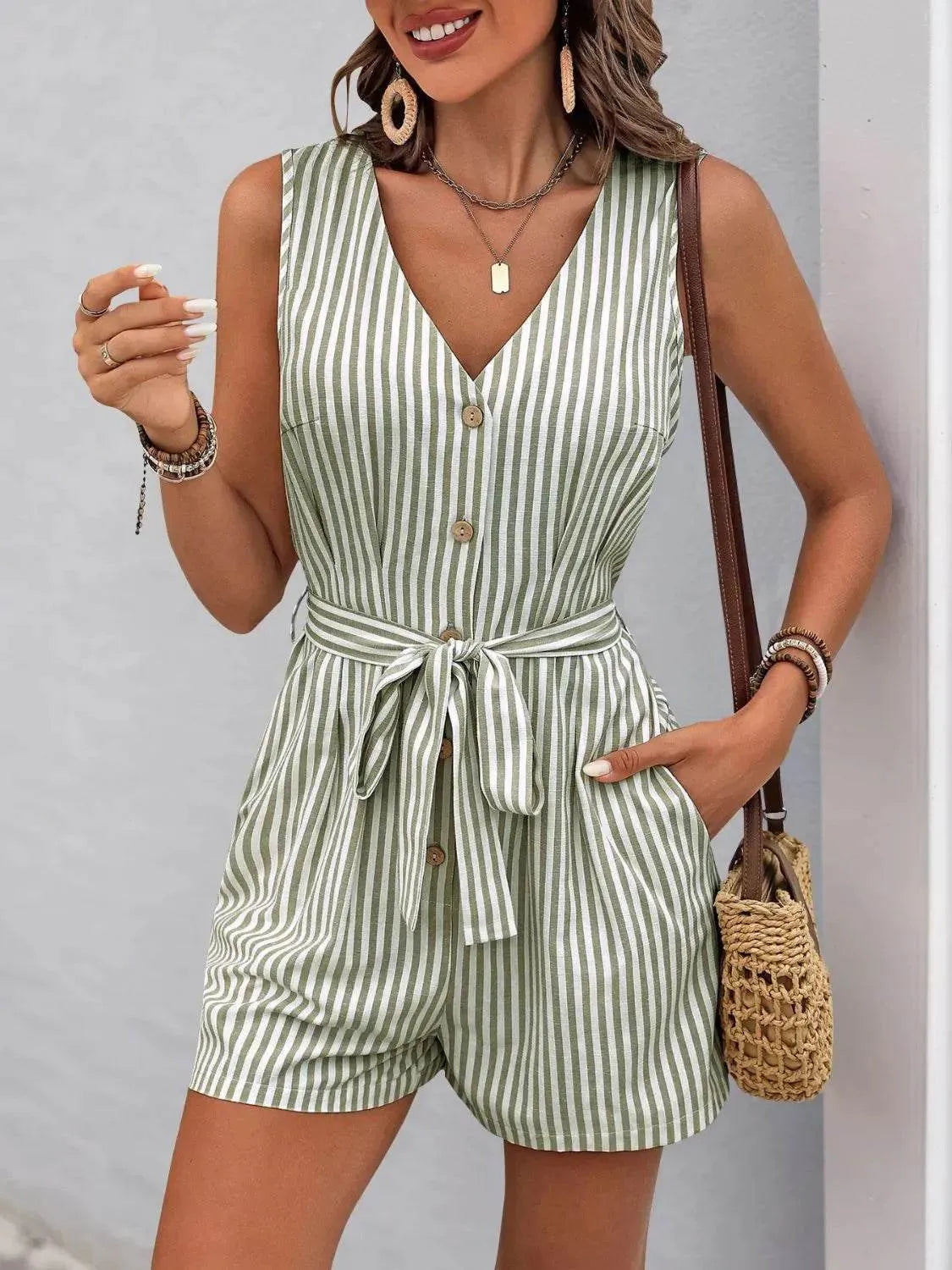 Perfee Striped V-Neck Tie Waist Romper – Cute & Casual One-Piece Outfit for Women - Bona Fide Fashion