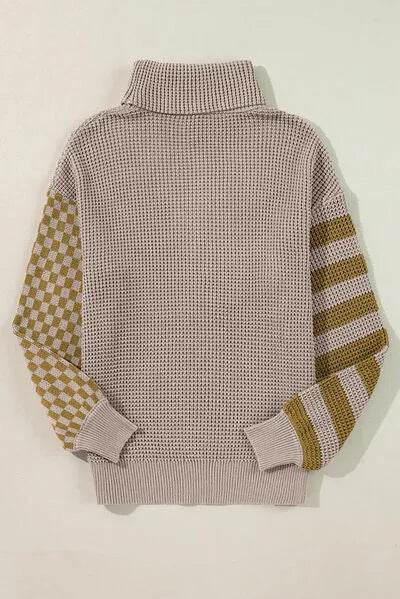 Striped & Checkered Turtleneck Dropped Shoulder Sweater - Bona Fide Fashion