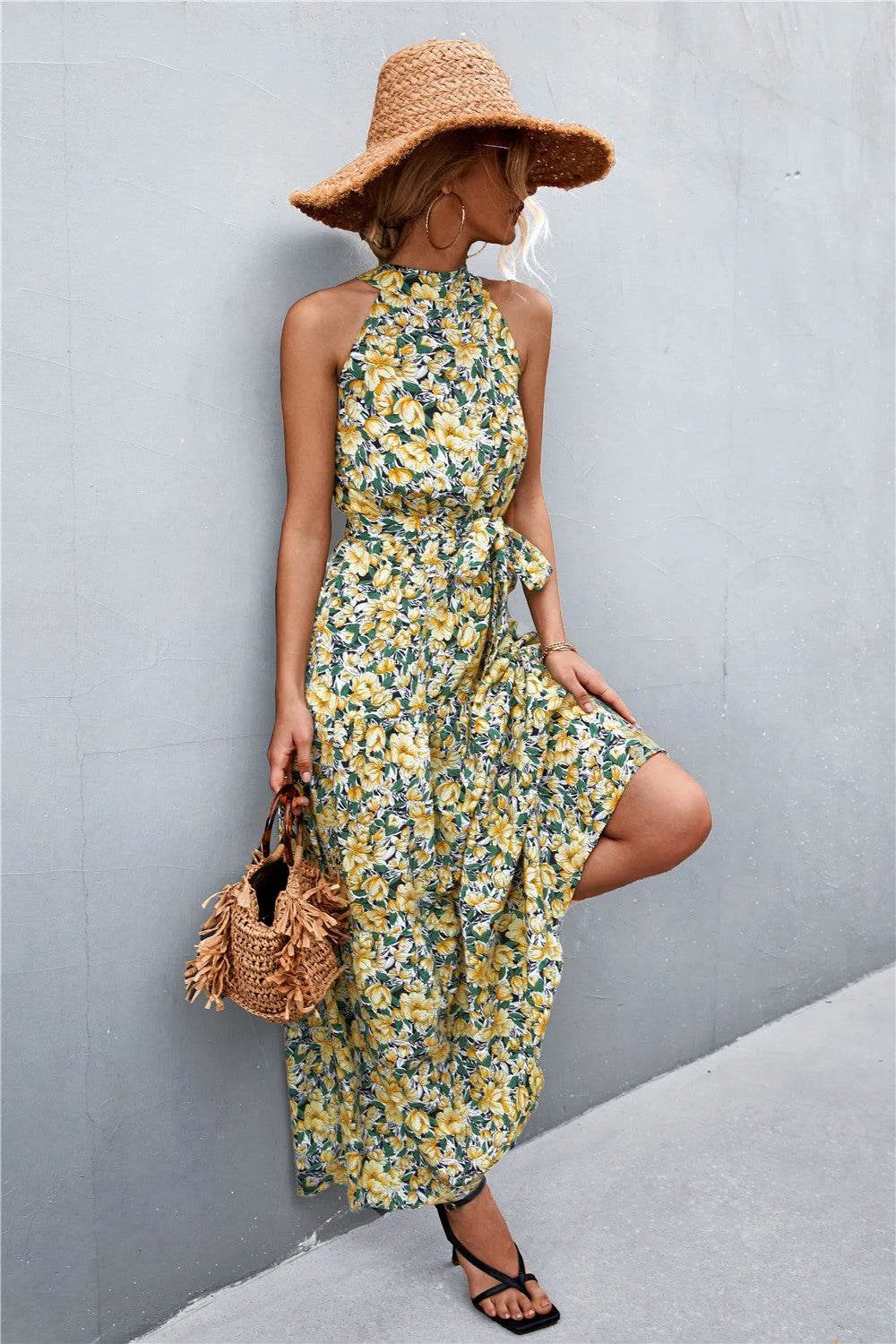 Printed Sleeveless Tie Waist Maxi Dress - Bona Fide Fashion