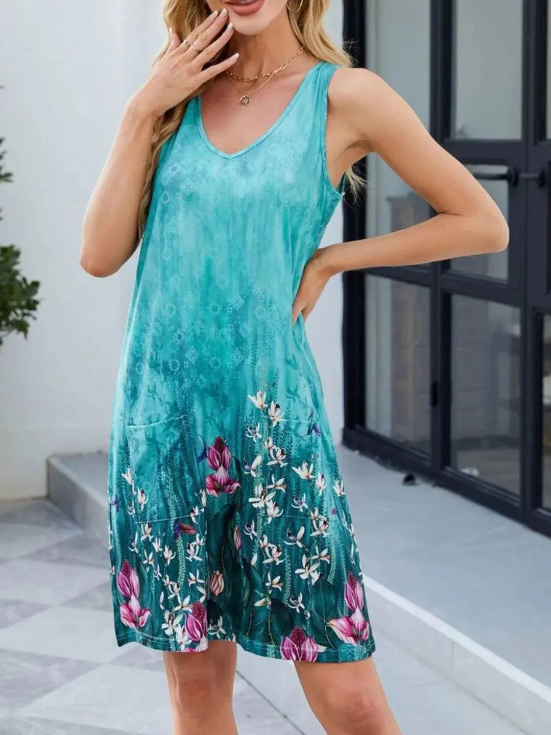 Printed V-Neck Sleeveless Mini Dress with Pockets - Bona Fide Fashion