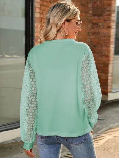 Full Size Round Neck Lace Long Sleeve T-Shirt Plus Size - Bona Fide Fashion