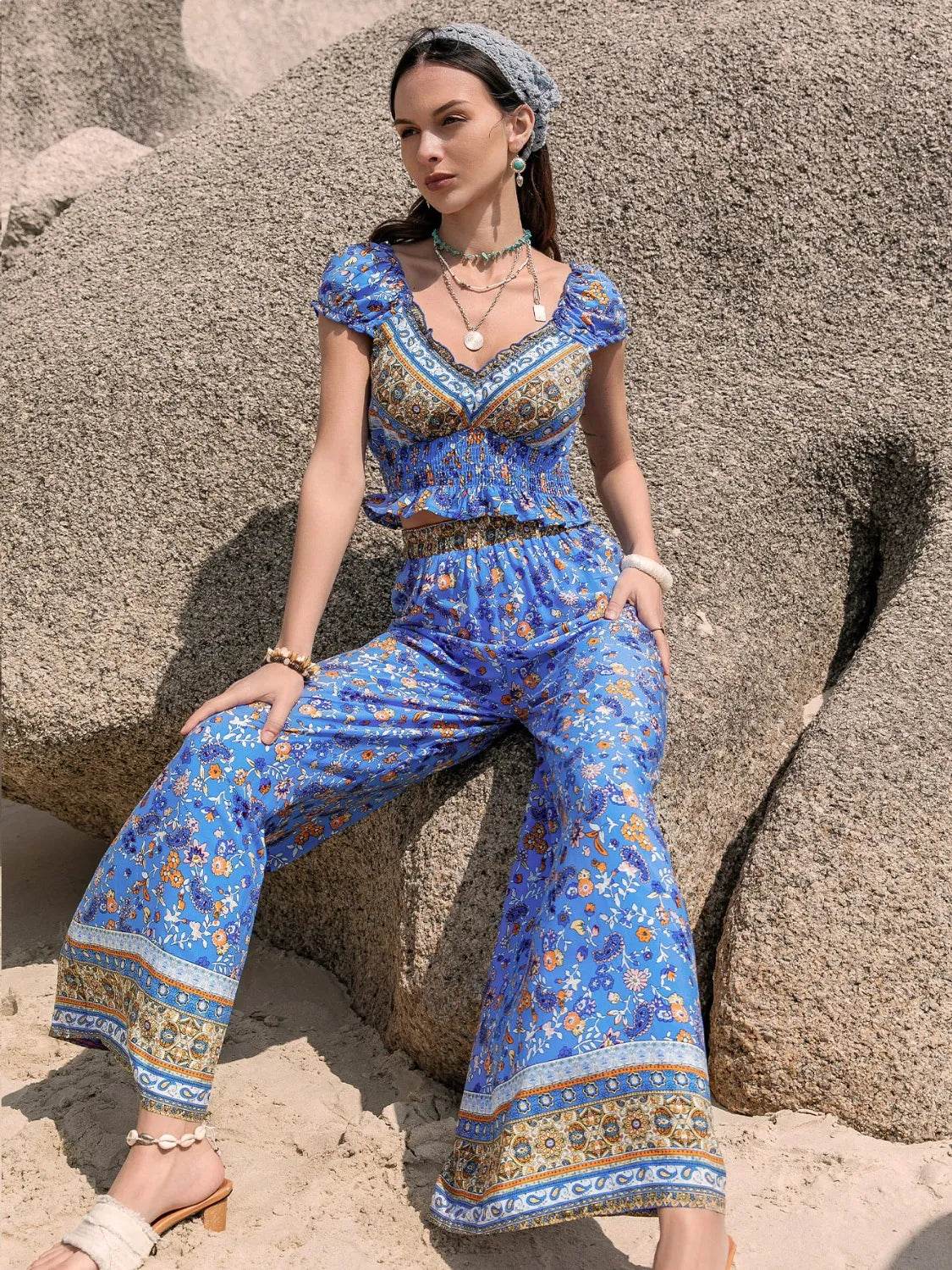 Printed V-Neck Top and Pants Set - Bona Fide Fashion