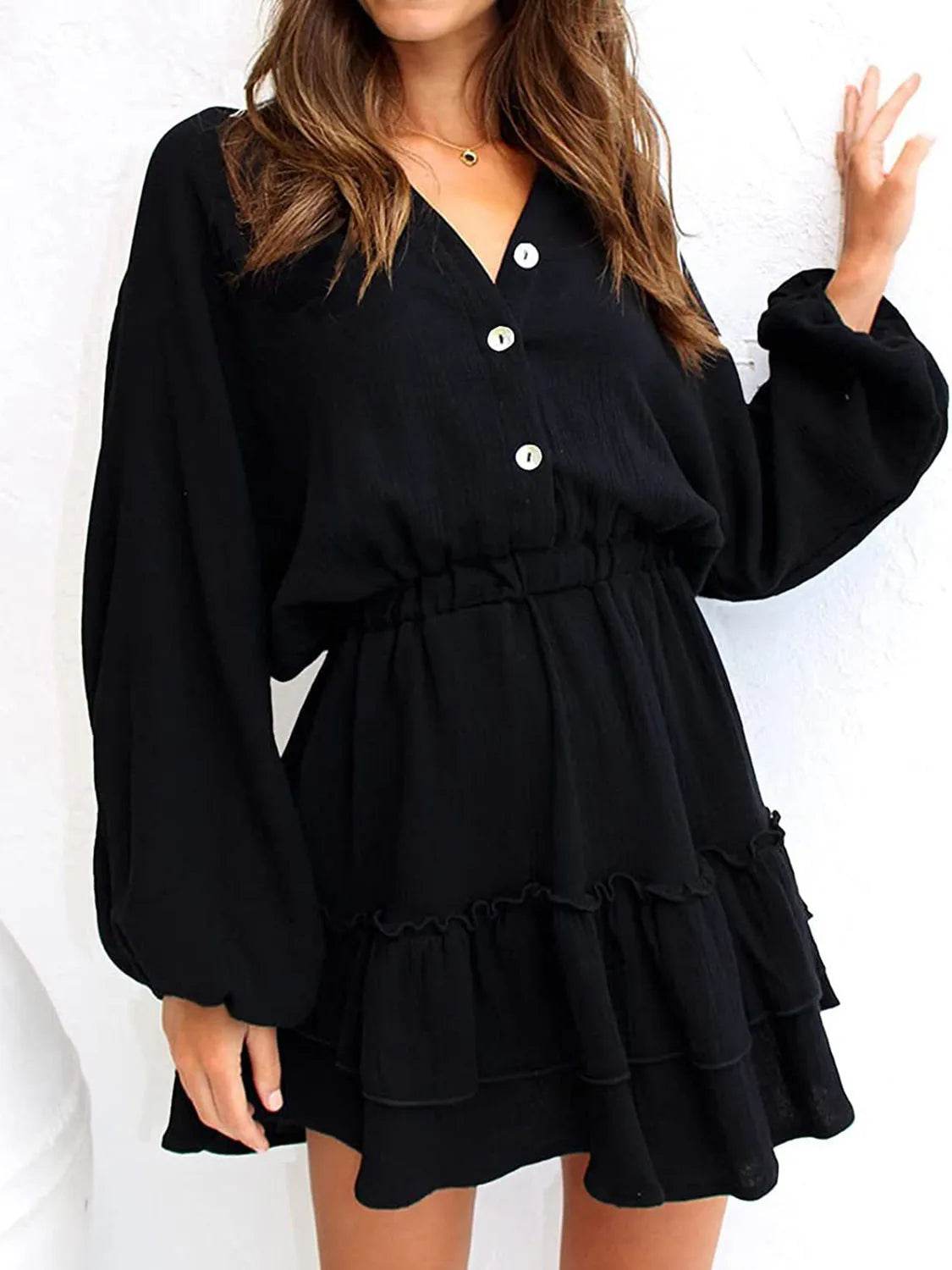 Ruffled Notched Balloon Sleeve Mini Dress - Bona Fide Fashion