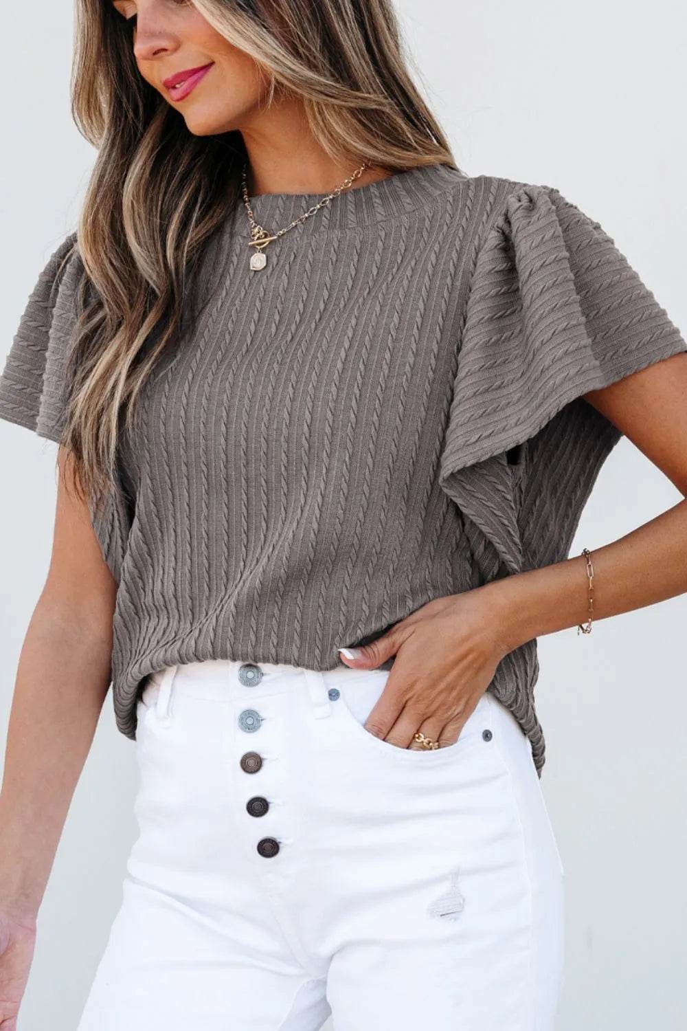 Textured Round Neck Flounce Sleeve Blouse - Bona Fide Fashion