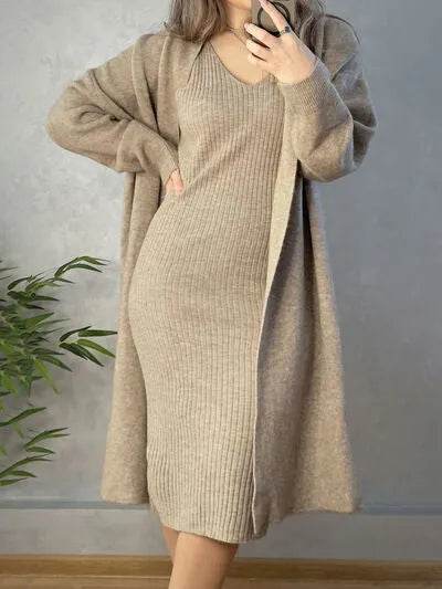 V-Neck Cami Dress and Open Front Cardigan Sweater Set - Bona Fide Fashion