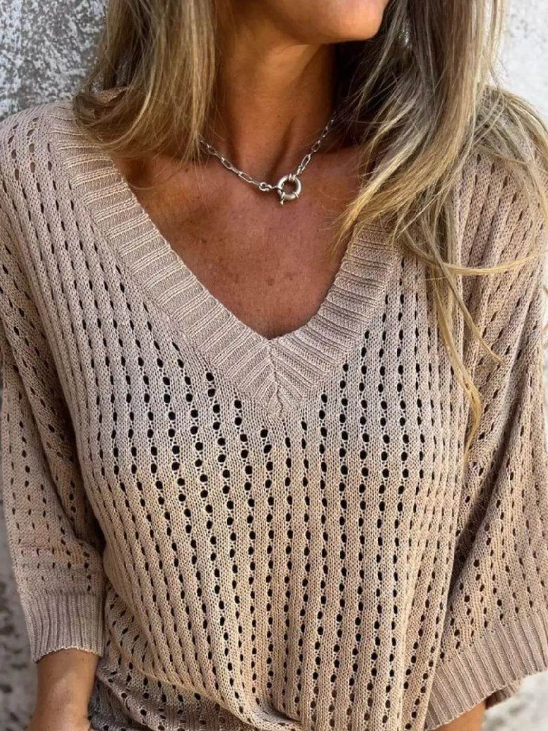 Full Size Openwork V-Neck Knit Cover Up Plus Size - Bona Fide Fashion