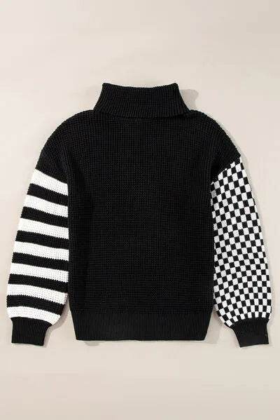Striped & Checkered Turtleneck Dropped Shoulder Sweater - Bona Fide Fashion