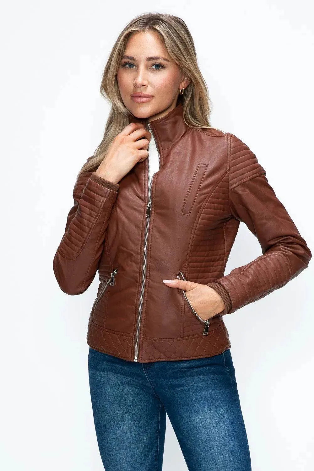 YMI Faux Layered Double-Zipper Jacket with Fuzzy Hood - Bona Fide Fashion
