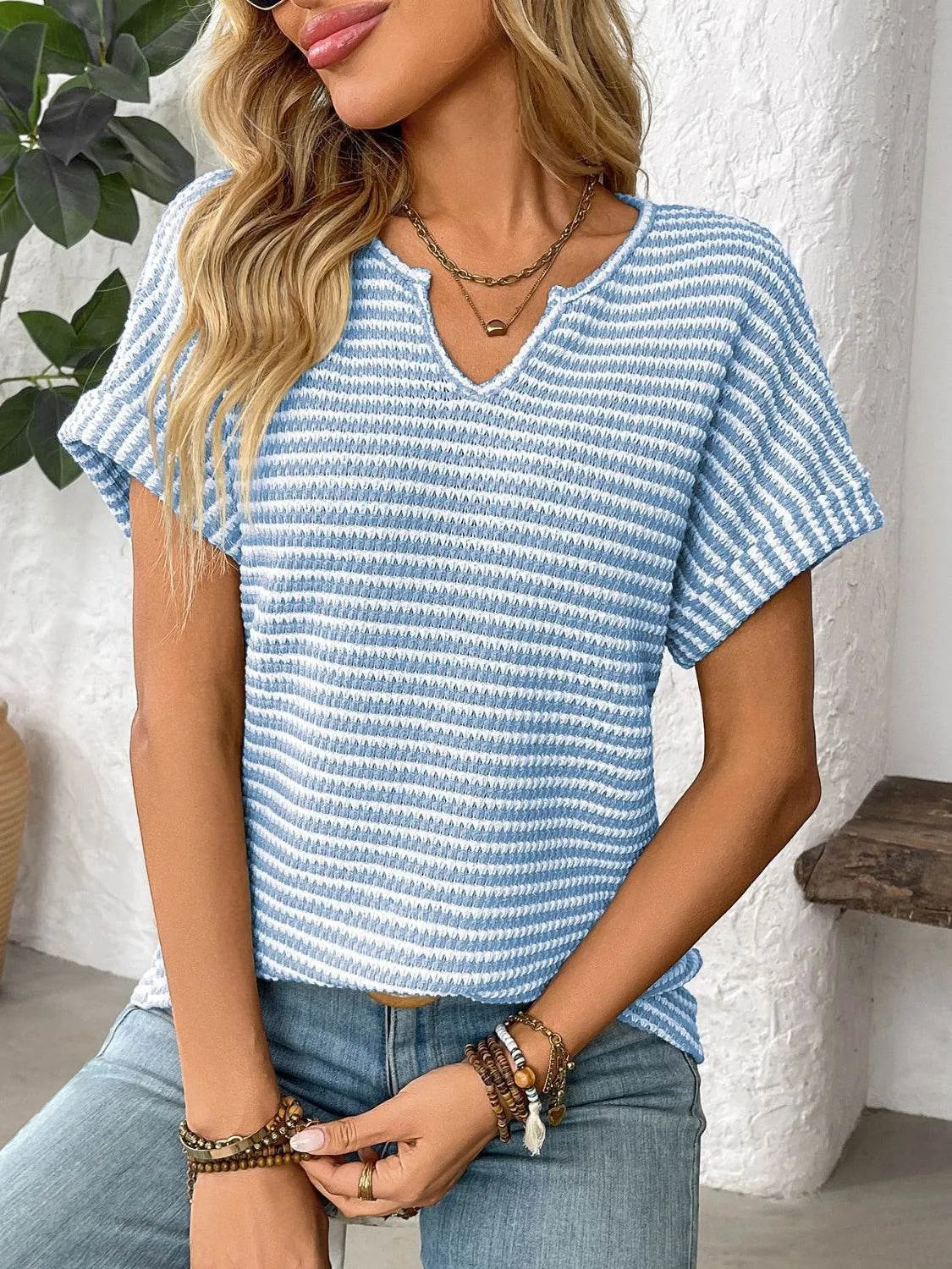 Striped Notched Short Sleeve T-Shirt - Bona Fide Fashion